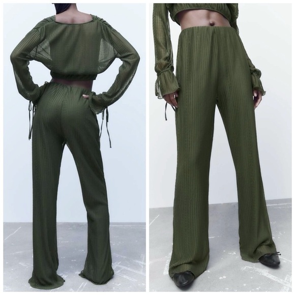 NEW Zara Olive Green Flared Rib Women’s Lettuce Hem Pull On Pants Sz S - Picture 1 of 10